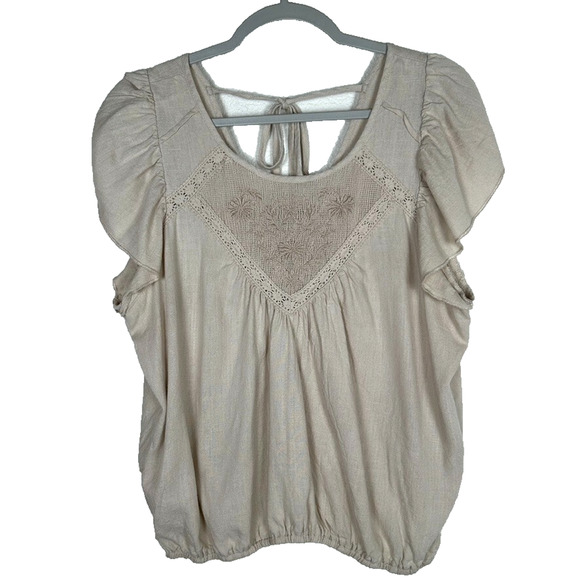 Love on a Hanger Womens L beige flowy lace ruffle sleeve Bohemian Stockholm top - Picture 1 of 8